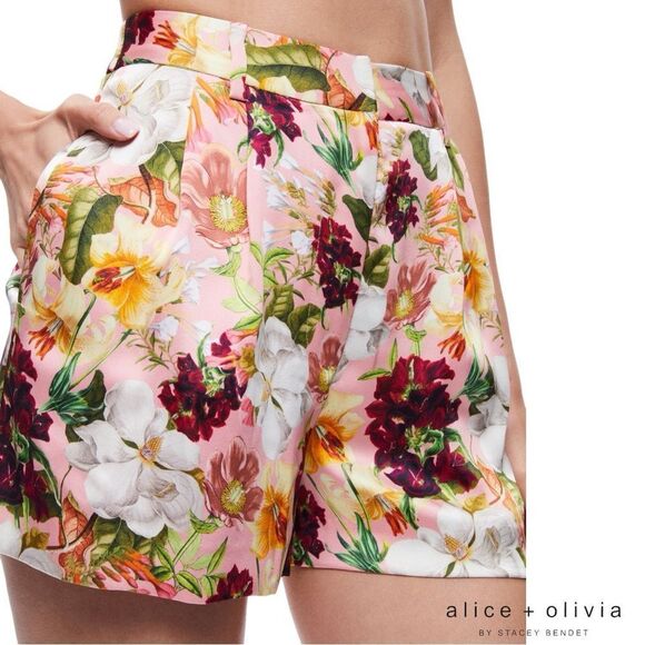 Alice + Olivia *NWT* Conry Conroy Pleated Juniper Rose Floral Print Satin Short - Picture 6 of 14